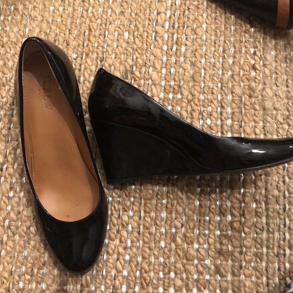 J Crew black patent leather wedge heels